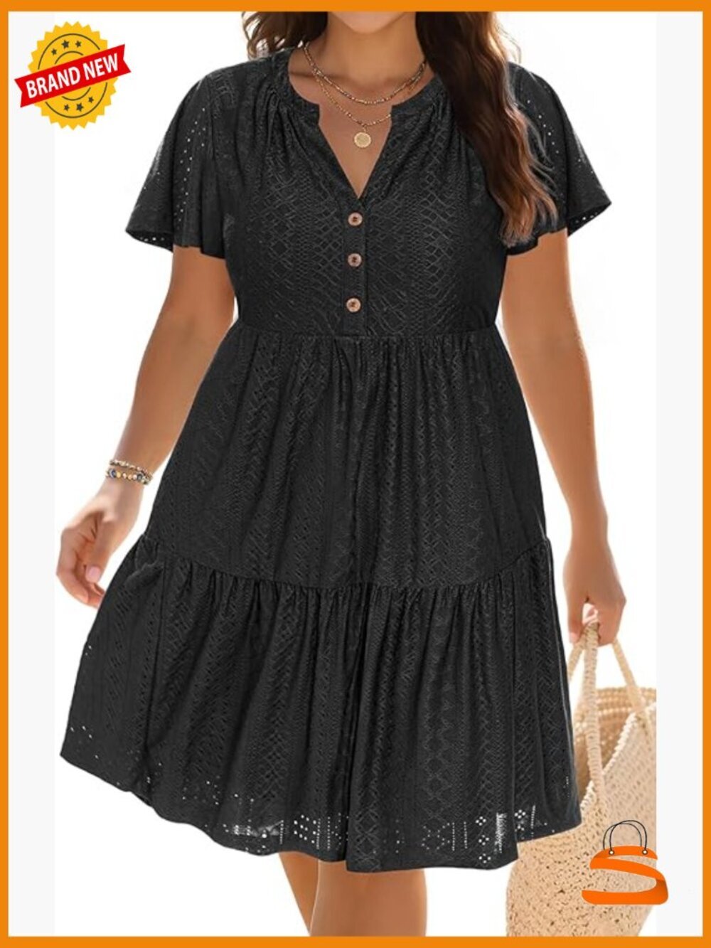 Plus Size Casual Button Sundress - Summer Beach V Neck Tiered Midi